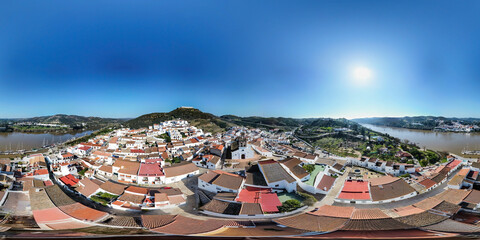Aerial panoramic view of Sanlucar de Guadiana village in 360 degrees. Spanish town on the banks of...