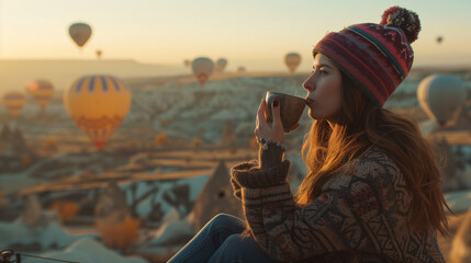 Women drinking coffee early in the morning with hot air balloons in Cappadocia at sunrise - obrazy, fototapety, plakaty