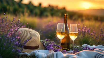 picnic at a lavender field. Straw hat and basket with flowers lavender on a blanket on a picnic....