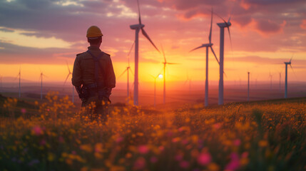 Engineer standing in a field at a wind farm, the silhouette of a person in a field at sunset, Concept of sustainability development by alternative energy - obrazy, fototapety, plakaty