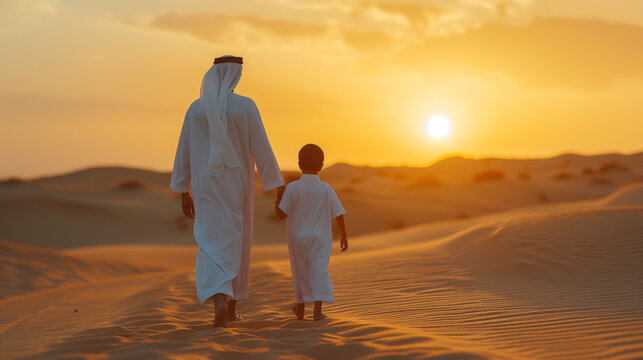 Middle-eastern father and son wearing arab traditional kandura spending time in the desert, Dubai at sunset