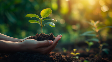 hands holding a plant, hand holding a young plant on a blur green natural background. concept eco earth day,