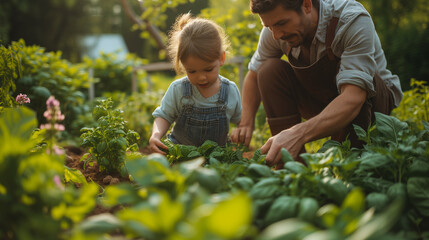 parent and child working in home garden planting vegetables, vegetable garden at home, family with herbs and veggies in a home garden - obrazy, fototapety, plakaty