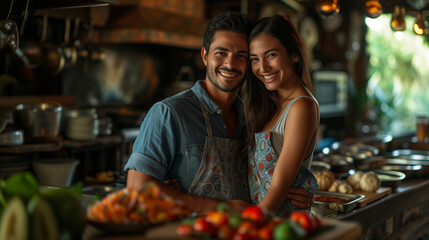 Obraz premium a diverse couple taking a Thai cooking class, men and woman preparing Thai food