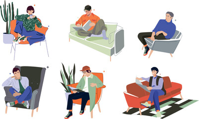 Happy smiling people sitting on sofas, chairs set. Young positive relaxed men and women talking, relaxing. Joyful cartoon boy, girl characters resting. Flat graphic vector illustration isolated.