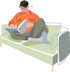 Happy smiling man sitting on sofa and creating ideas. Young relaxed boy at creative work set. Joyful cartoon male character resting. Artist, author, blogger. Flat graphic vector illustration isolated