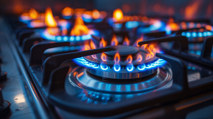 Close-up shot of blue fire from domestic kitchen stovetop. Gas cooker with burning flames of propane gas.  - obrazy, fototapety, plakaty