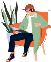 Happy smiling man sitting on chair and creating ideas. Young relaxed boy at creative work set. Joyful cartoon guy character resting. Artist, author, blogger. Flat graphic vector illustration isolated