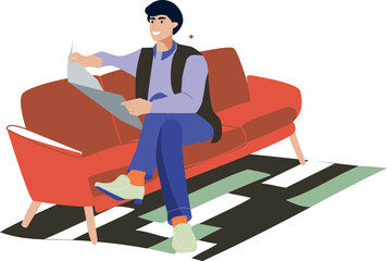 Happy smiling man sitting on sofa and creating ideas. Young relaxed boy at creative work set. Joyful cartoon male character resting. Artist, author, blogger. Flat graphic vector illustration isolated
