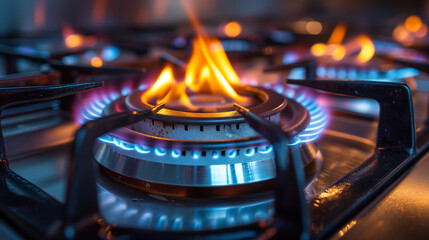 Close-up shot of blue fire from domestic kitchen stovetop. Gas cooker with burning flames of propane gas. Industrial resources and economy concept. - obrazy, fototapety, plakaty