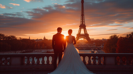 couple in Paris married with wedding dress, woman with wedding dress in Paris at sunset looking at Eiffel tower  - obrazy, fototapety, plakaty