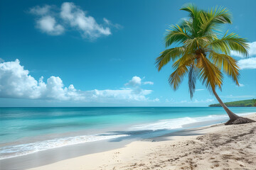 Fototapeta na wymiar a beautiful beach, bright blue sea, sunshine, a palm tree