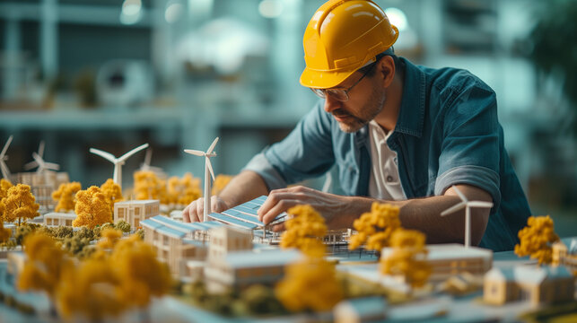 Engineers designing models of turbines, solar panels, and clean energy, discussing a clean energy city planning project with building models and solar panels indoors, engineer at work