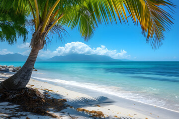 a beautiful beach, bright blue sea, sunshine, a palm tree