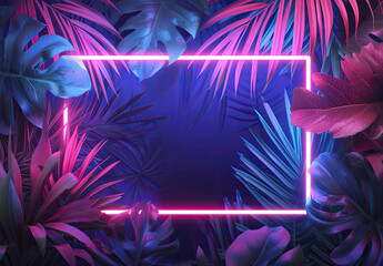 Tropical leaves bathed in blue and green illumination, framed by neon lights, offering a creative space for additional elements and copy.