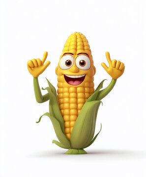 A 3d cartoon character corn with hands up lobster on the white background, looking cute, adorable and joyful