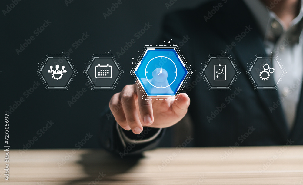 Poster time management concept. business project planning. businessman touch virtual time management icon t