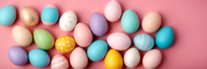 Fototapeta na wymiar Colorful easter eggs on pastel pink background