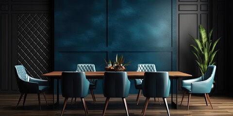 Home mockup, modern dark dining room interior with blue leather chairs, wooden table and decor, 3d render
