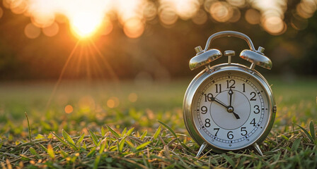 An alarm clock sits on grass with the sun setting in the background