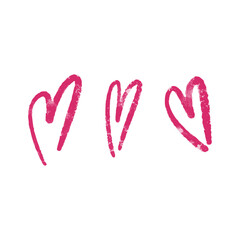 Set of contour hearts on a white background. Heart icons drawn with pink lipstick. Doodle hearts with textured outline.