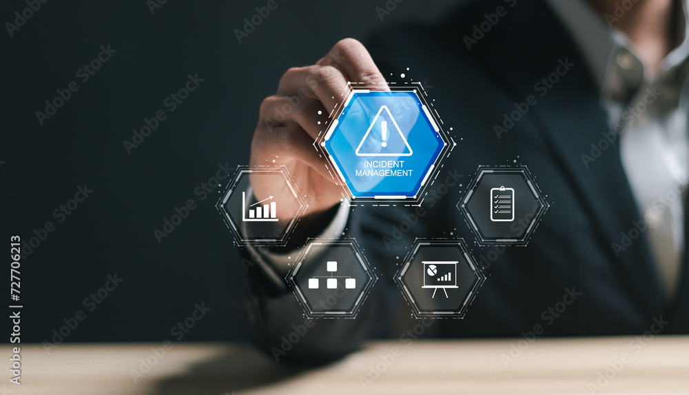 Poster incident management process business technology concept. businessman touch virtual incident manageme