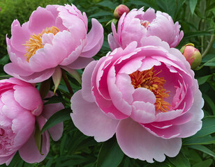 pink lotus flower.Lush pink peonies in full bloom with delicate petals and golden stamens, nestled in rich green foliage, signaling spring's arrival. Generative AI.