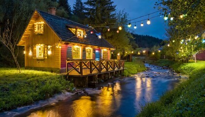 Fototapeta na wymiar Enchanting Waterside Glow: A Colorful House by the Stream Adorned with Warm Lantern Lights