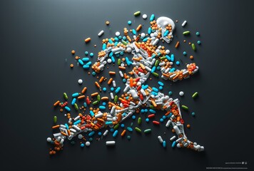 A unique creation emerges, a lego person crafted entirely from colorful pills, embodying the beauty and complexity of art and the fragility of the human form - obrazy, fototapety, plakaty