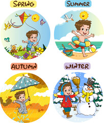 Vector illustration of Four Seasons With Cartoon Kid