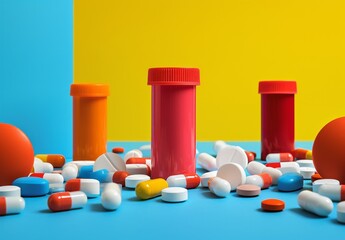 A colorful array of pharmaceutical drugs and medicine bottles represent the complexities and dependence of modern society on prescription medications - obrazy, fototapety, plakaty