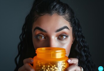 A woman stares solemnly into the cup, holding tightly onto her container of pills as she grapples with the weight of her own humanity - obrazy, fototapety, plakaty