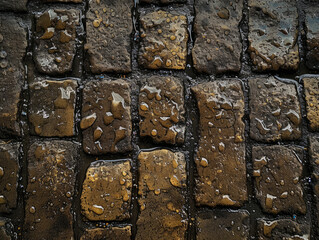 Texture of brick paving stones in raindrops