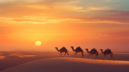 Fototapeta na wymiar Camels in desert. Beautiful desert landscape banner