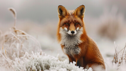 Naklejka na ściany i meble Cute red fox in wild frosted natural environment looking at camera