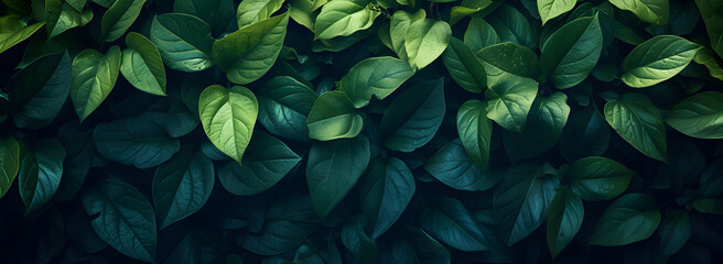 A nature background featuring an abstract green leaf texture. The image showcases dark green tropical leaves in close-up, revealing layered textures and various elements of tropical flora.