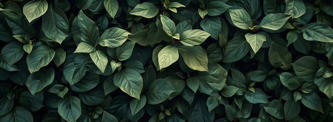 A nature background featuring an abstract green leaf texture. The image showcases dark green tropical leaves in close-up, revealing layered textures and various elements of tropical flora. - obrazy, fototapety, plakaty