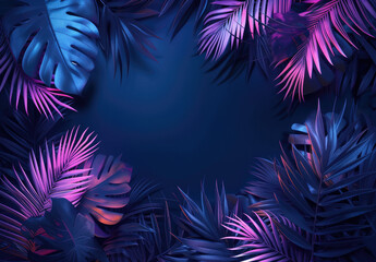 Tropical leaves bathed in blue and green illumination, framed by neon lights, offering a creative space for additional elements and copy.