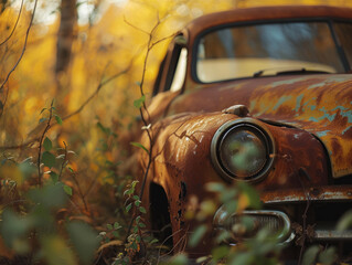 Rusty old car in the forest