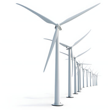 Wind turbines spinning in a green energy farm isolated on white background, detailed, png
