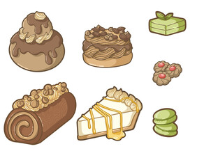 Set of pastry, desserts, cakes, biscuits. Lemon cake, macarons, matcha cake, Paris-Brest, chocolate cake, religieuse au chocolat - Illustration for kids books, recipes, restraurants, bakery, gift card