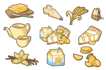  composition of a lemon cheesecake with wheat, butter, vanilla, tea, pastry bag, lime, cream, vanilla milk bottle -  Illustration for kids books, recipes,  gift card - dessert and cake, restaurant