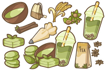 Set of matcha cake with wheat, hazelnuts, bubble tea, tea, pastry bag, cinnamon, macarons, star anise -  Illustration for kids books, recipes,  gift card - dessert and cake, restaurant