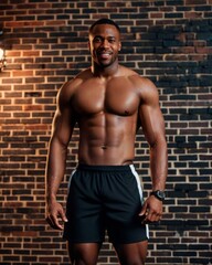 Well-built dark-skinned man with pronounced muscles stands confidently in the gym, showing his best physical condition.