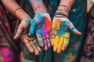 Close-up of young people's hands with colorful powder in their hands during Holi festival