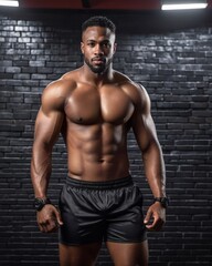 Fototapeta premium Well-built African-American man with pronounced muscularity stands confidently in the gym, showing off his best physical condition.