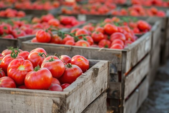 Tons of fresh tomatoes in wooden crates are placed in tomato farms before being shipped for sale.