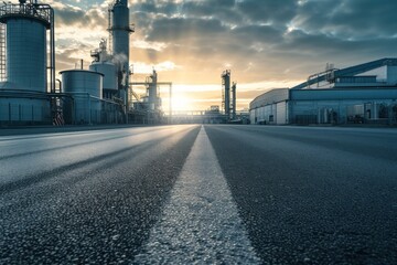 Wide angle front view of the factory, asphalt road surface, factory - obrazy, fototapety, plakaty