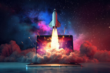 Space Rocket is launching From Laptop Screen - obrazy, fototapety, plakaty