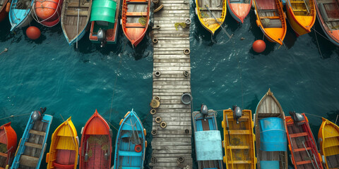 View from above of a dock surrounded by many colorful boats on a clear beautiful sea water. 